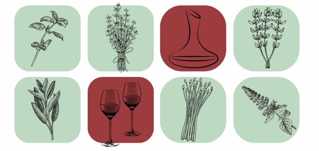 edited 2 rows of 4 squares with images of herbs and wine glasses